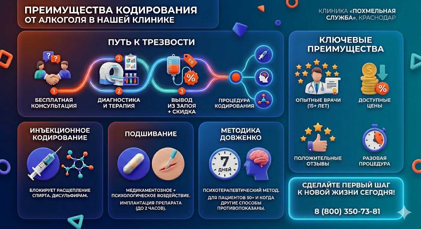 Инфографика о методах кодирования от алкоголя в Октябрьске: инъекции, подшивание, метод Довженко. Преимущества клиники и этапы лечения.
